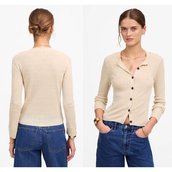 Madewell | NWT Linen-Blend Crewneck Cardigan in Beach Sand | Sz XL - Picture 1 of 9